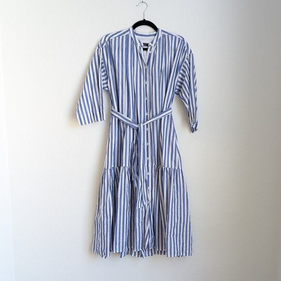 MaxMara Weekend Blue Stripe Cotton/Linen Button Shirt Tiered Belt Midi Dress - Picture 1 of 7